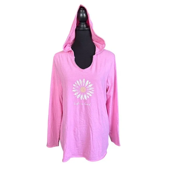 Life Is Good Pink Long Sleeve Hooded Tshirt With Daisy, Large, 100% Cotton - Picture 2 of 6